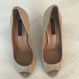 Ann Taylor snake skin peep toe heels.